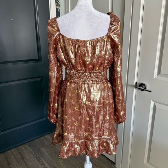 Paige Bronze Metallic Silk Peasant Style Floral Mini Dress M - Picture 5 of 10